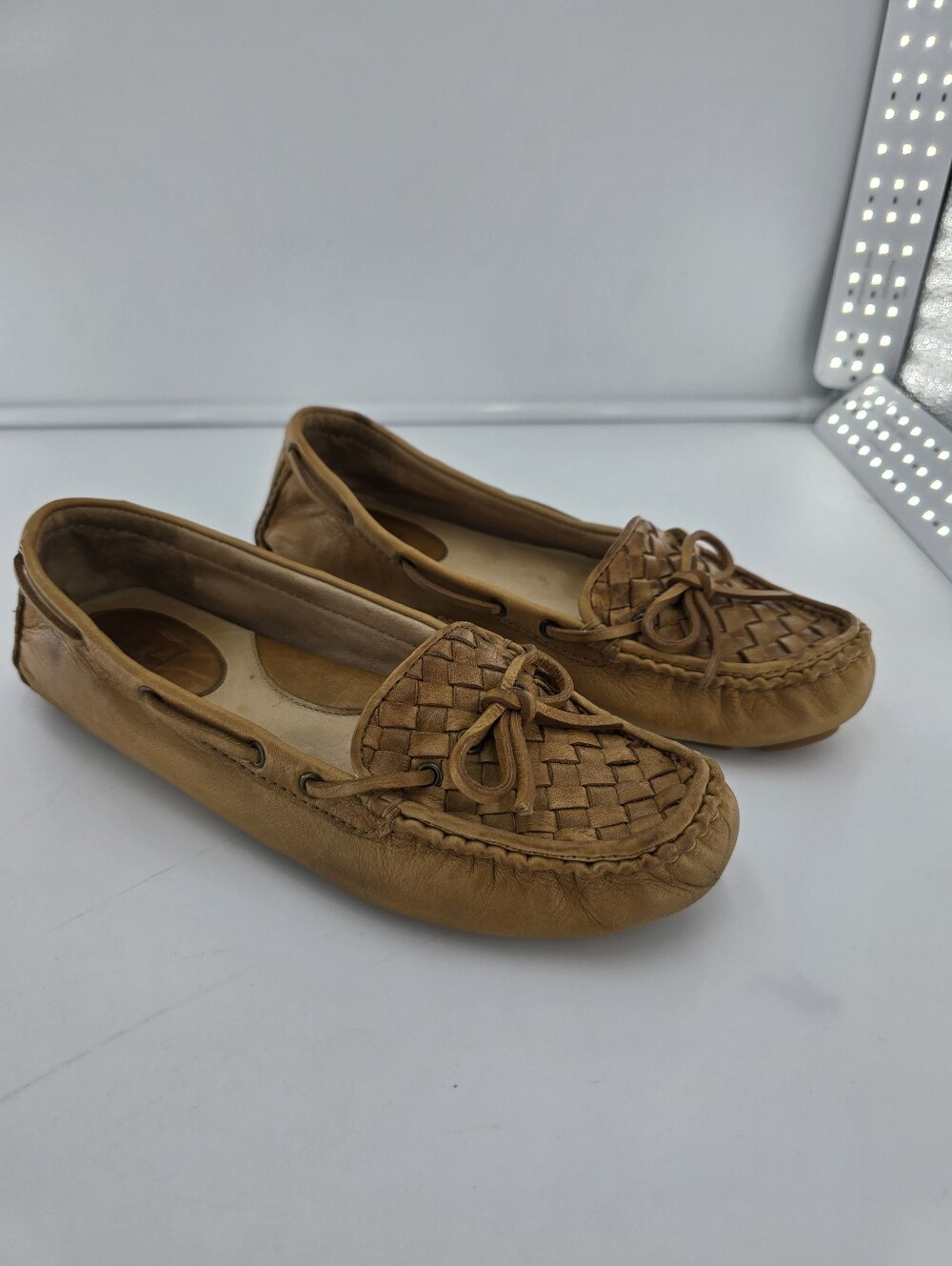 Frye Tan Woven Leather Moccasin Loafers